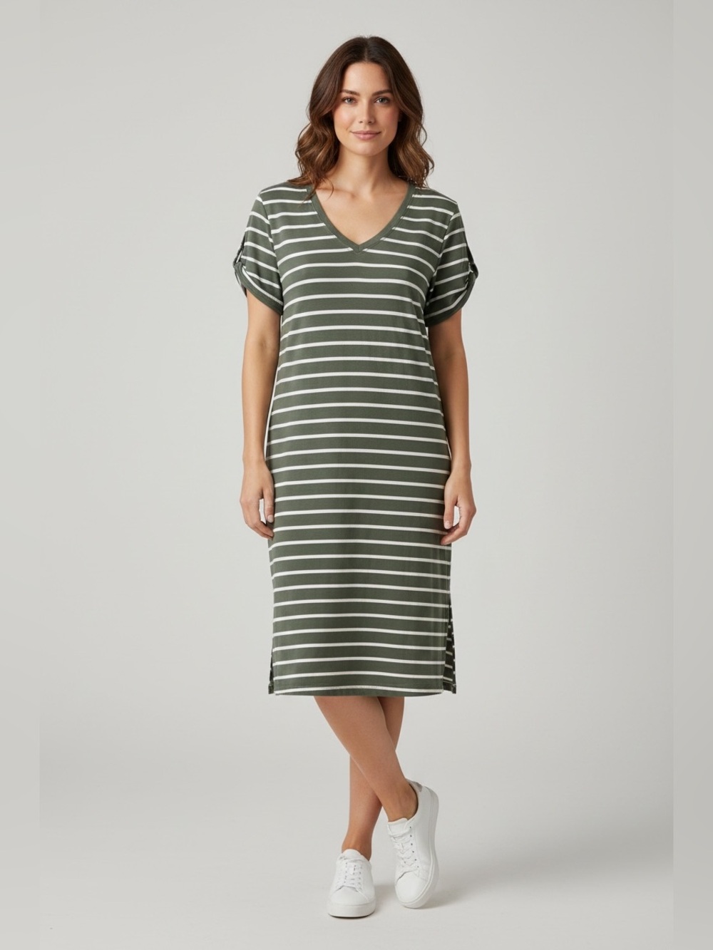 T By Talbots Women’s Size M Short Sleeve V Neck Green Stripe Soft Terry Dress